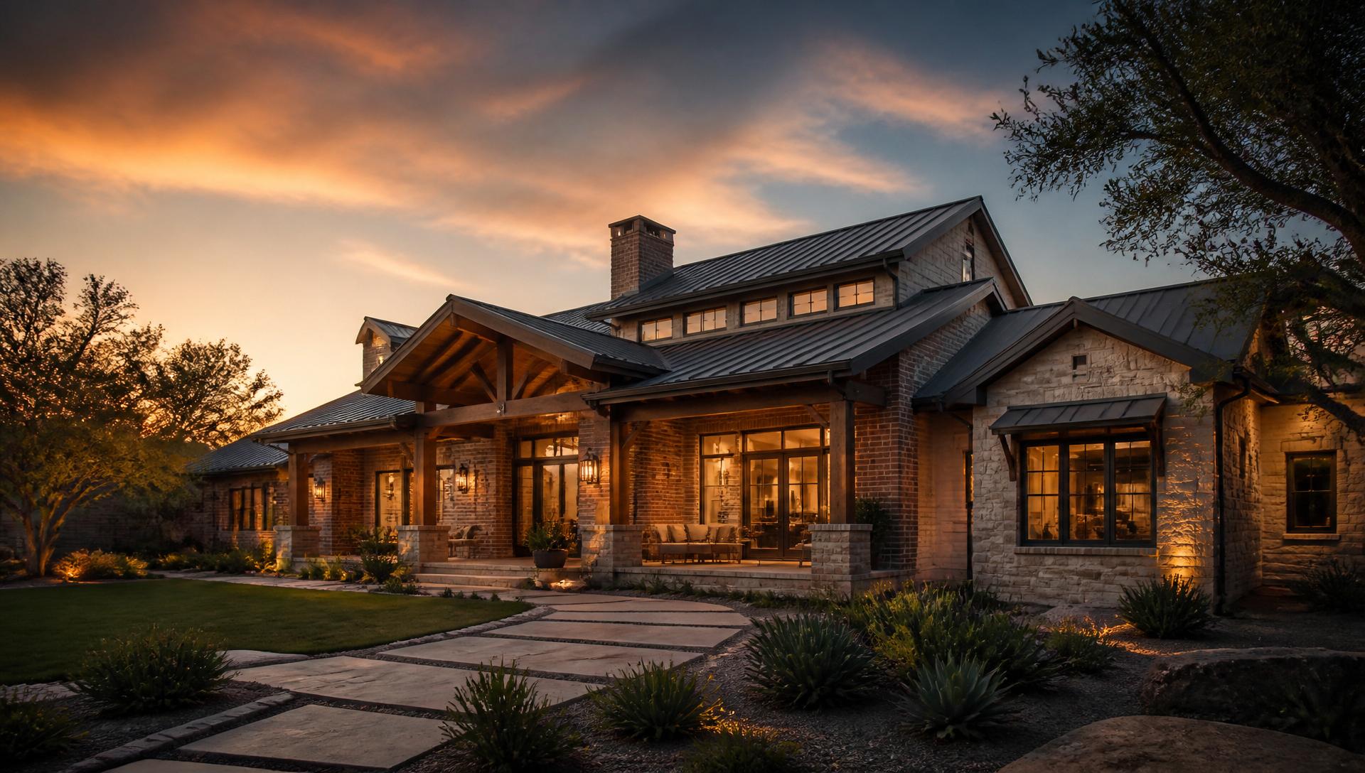 Luxury Texas hill country style home at dusk